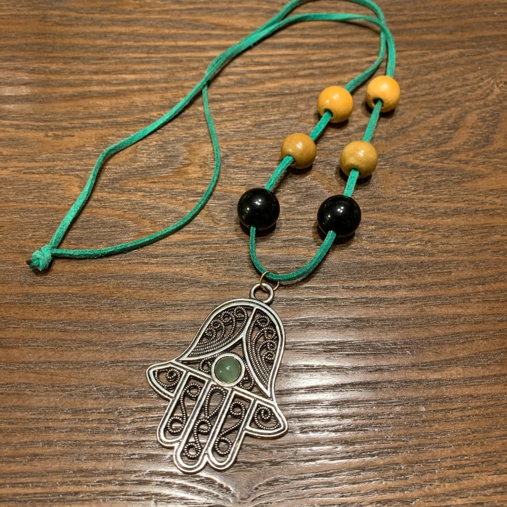 Silver and Jade Hamsa 22" Necklace ONE OF A KIND HANDMADE NWOT